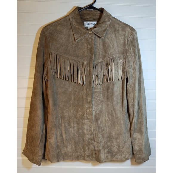 Alfani Suede Leather Fringe Western Jacket Women's Medium Beige Button Front - Picture 1 of 10